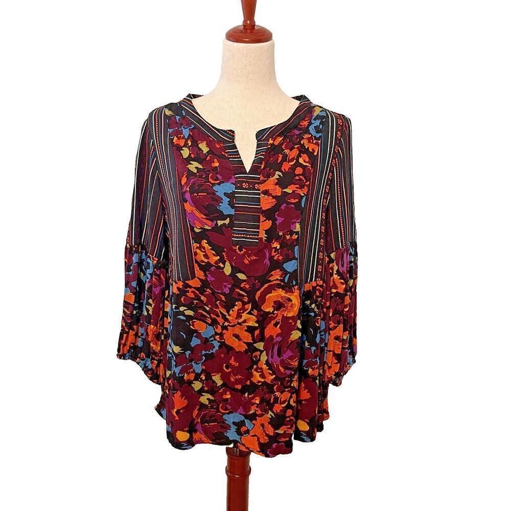 Westbound Womens Mixed Print Top Size Large Floral Striped Long Sleeve Colorful